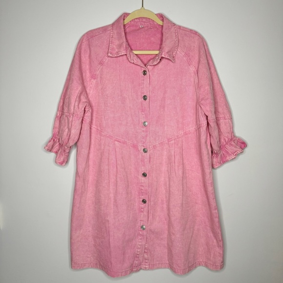 Washed Denim Puff Sleeve Mini Dress Hot Pink XL - Picture 2 of 7